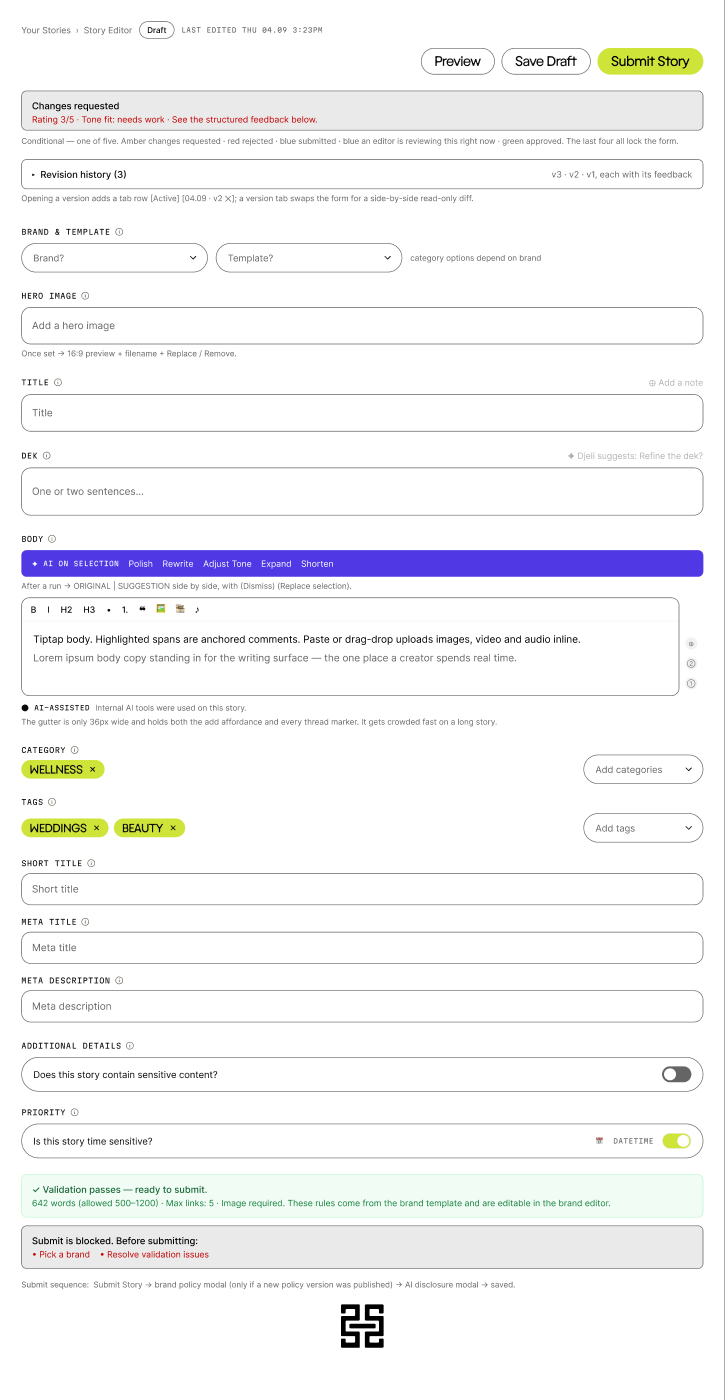 Djeli story editor with fields for a brand, hero image, title and article body