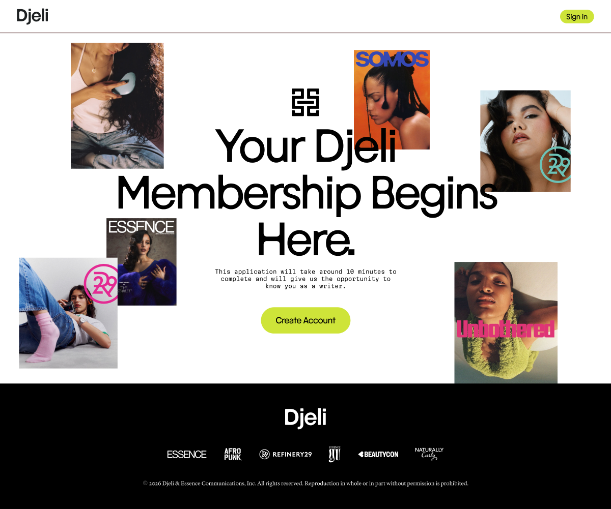 Djeli landing page design with editorial imagery and a creator invitation