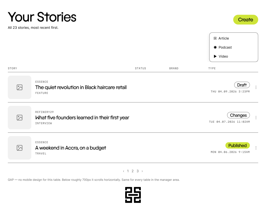 Djeli Your Stories screen showing drafts, requested changes and published work